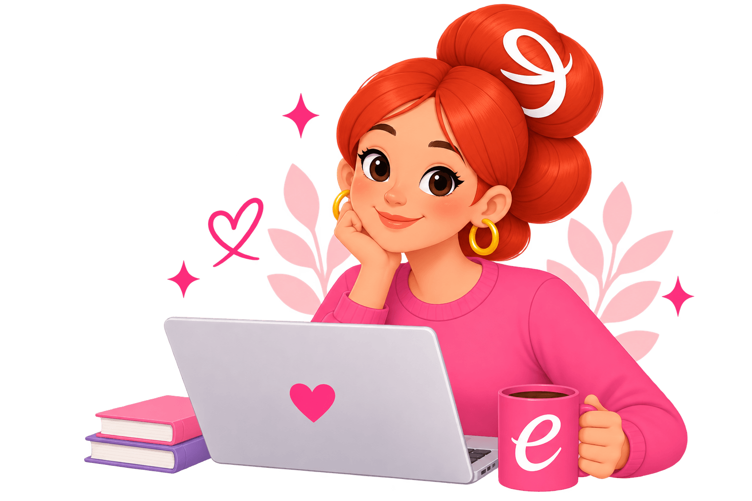 Eloísa sorrindo com o queixo apoiado na mão, diante de um laptop, com uma caneca de café e livros sobre a mesa